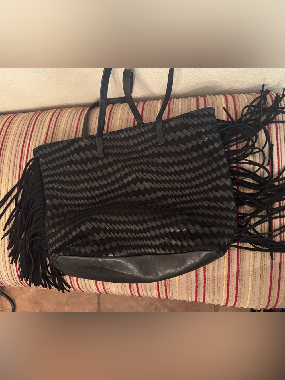 Johnny Was Black Woven Fringed Leather Suede Tote